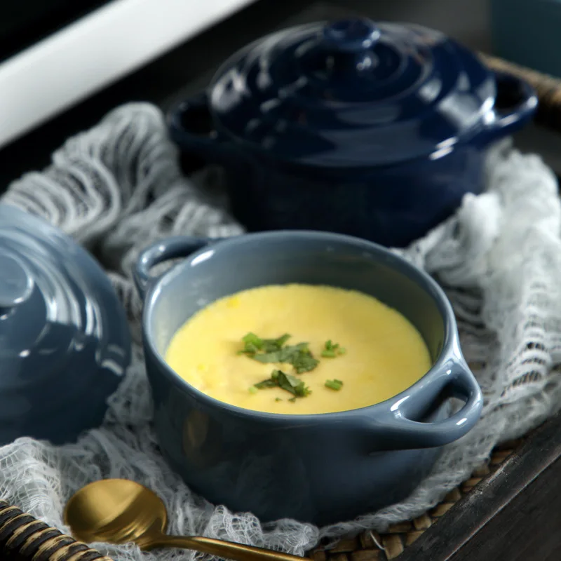 Kitchen Double Ear Bowl Ceramic Glazed Baking Bowl with Lid Home Breakfast Steamed Egg Pudding Bowl Soup Bowls Microwave Oven