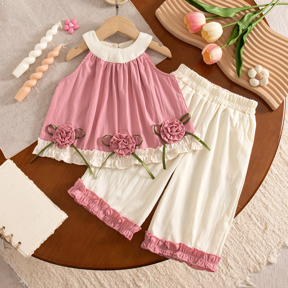 Hanging Neck Top+Pants Baby Girl Two-Piece Set Summer New Flower Children'S Clothing (9 Months -4 Years Old)