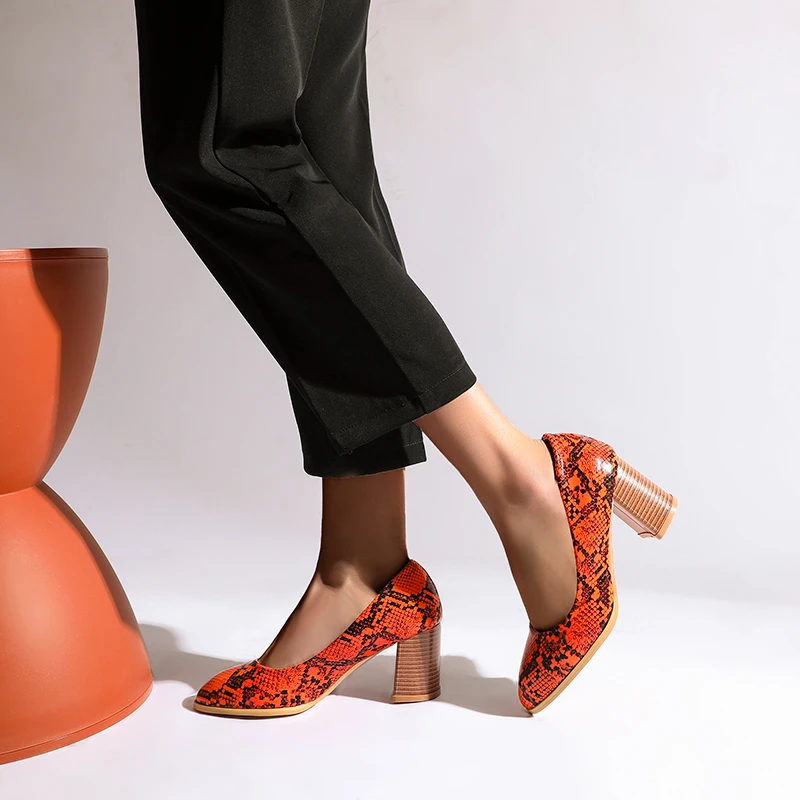 Plus Size Snakeskin Party Women Pumps Red Yellow High Block Heels Pointed Toe Spring Summer Casual Office Lady Sexy Dress Shoes