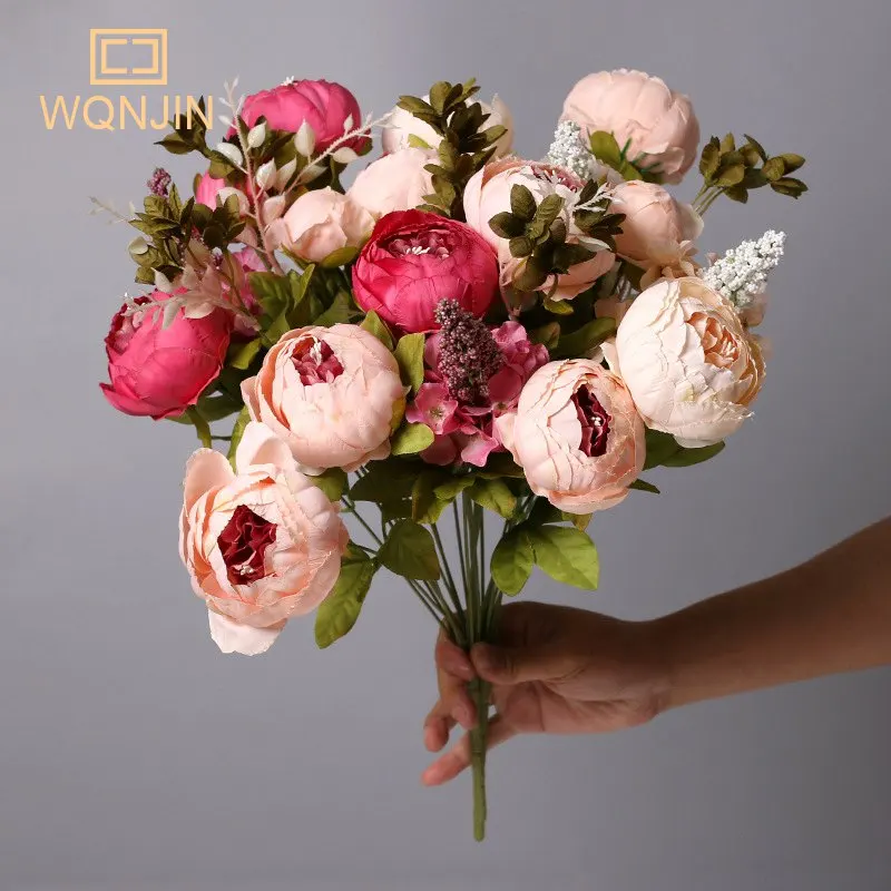 WQNJIN 13 Heads Peony Silk Artificial Flowers Vintage Bouquet Peonies Flowers for Home Table Centerpieces Wedding Decoration