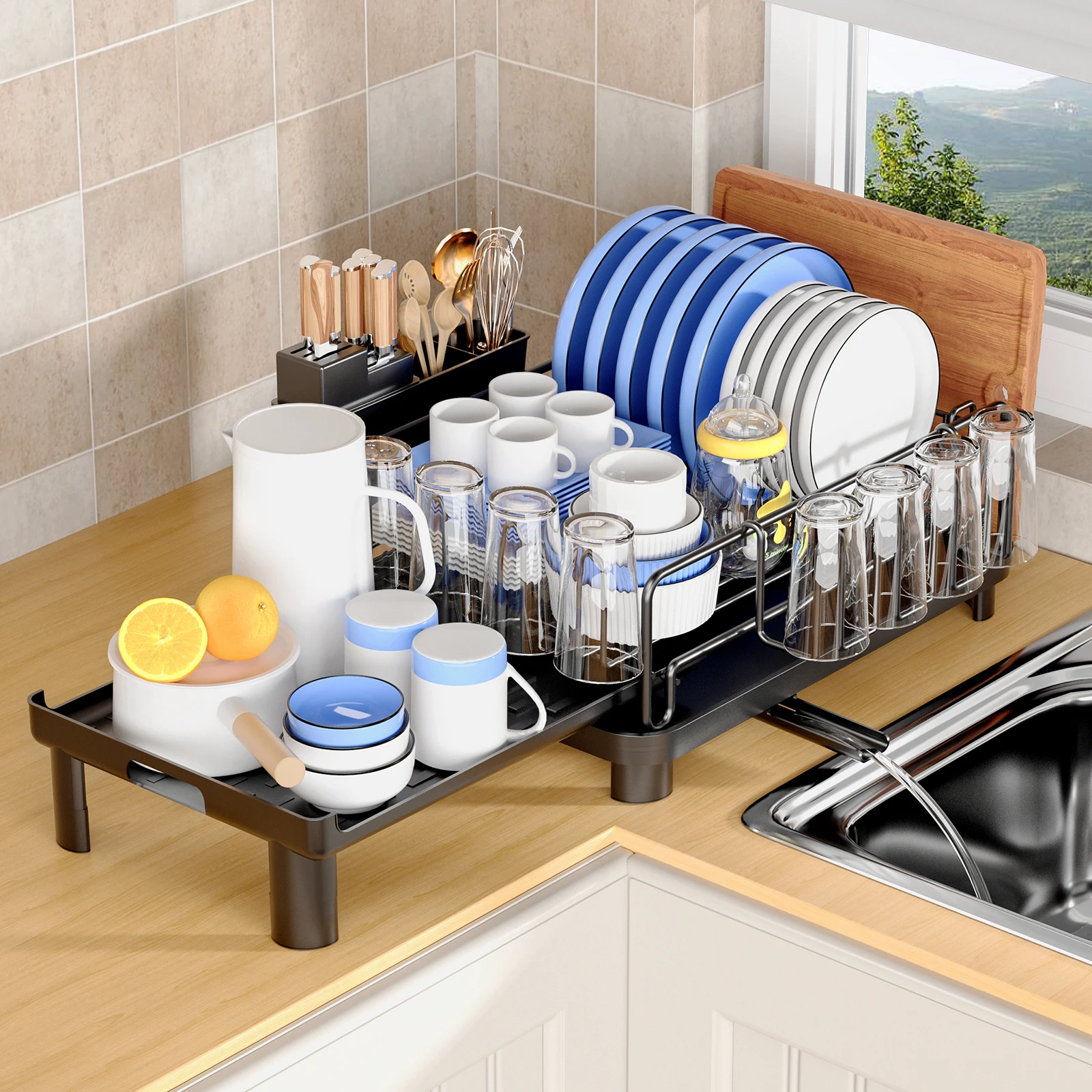 dish drying rack,Cutlery rack with drain tray and spout,Knife, fork and chopstick holder,Retractable dish storage rack