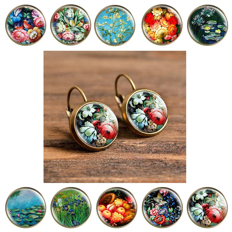 Hot Selling Pop Jewelry Dome Glass Alloy Earrings Beautiful Flower Pattern Grace Fashion Gift