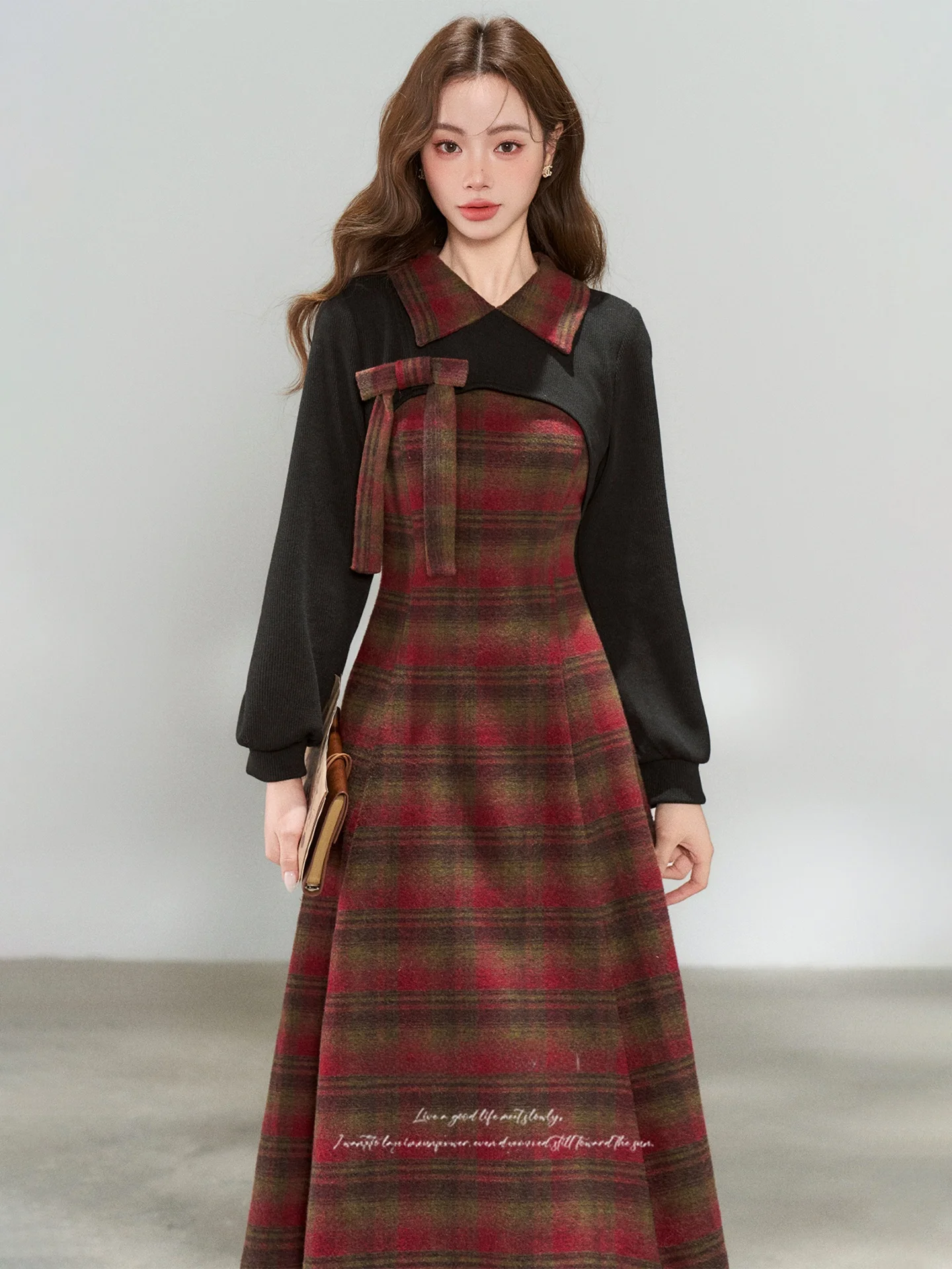 

New Year's Cheered Long Dr Women's Autumn Winter New Sle Slimming High Waist Woolen Skirt Fake Two-Piece French Sle