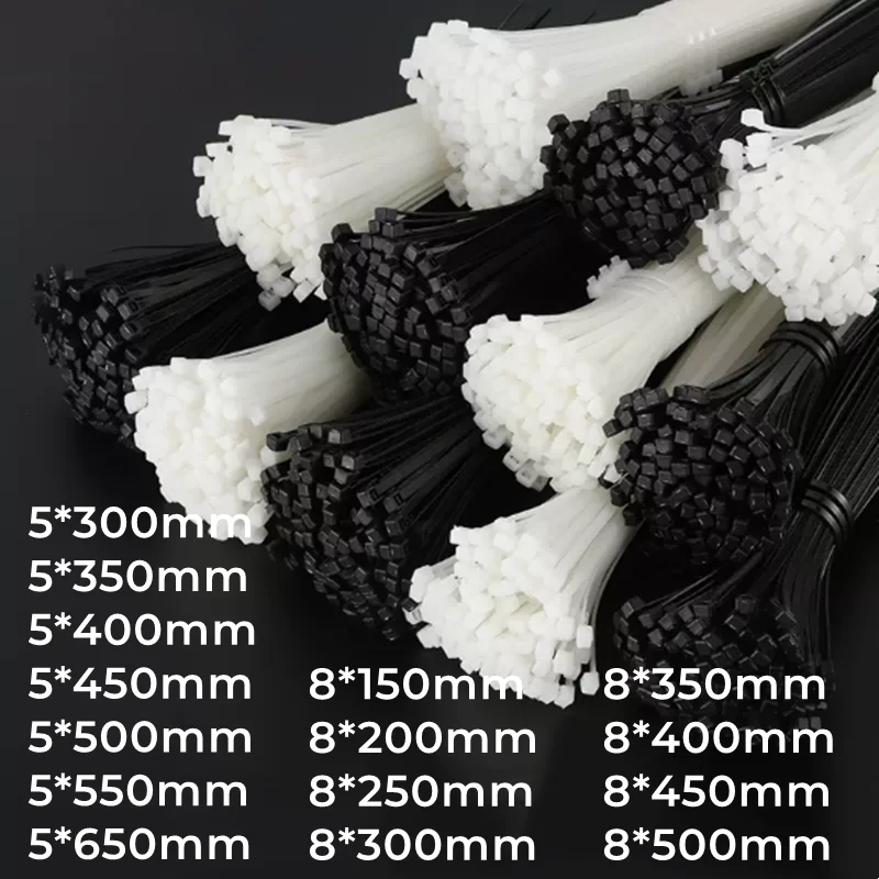 Black White Self-locking Plastic Nylon Tie 5*300mm~8*500mm Cable Tie Fastening Ring Cable Tie Zip Wraps Strap Nylon Cable Tie