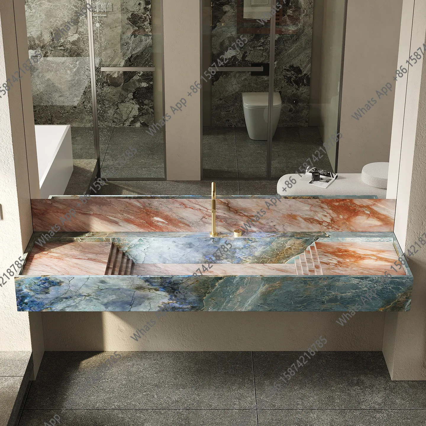 

High-end light luxury rock slab integrated seamless basin bathroom cabinet bathroom pink high-end custom face wash washbasin