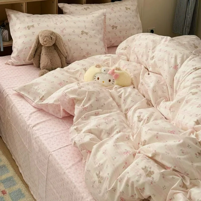 Little Rabbit 4-piece Pure Cotton Set, All Cotton, Duvet Cover, Small Fresh 3-piece Set Bed Sheet Fitted Sheet  Bedding