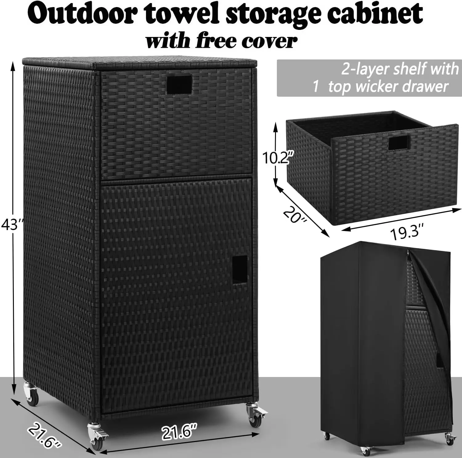 Outdoor Pool Towel Storage Cabinet Rack Shelf Drawer Holder Rolling Wheels Hot Tub Waterproof Cover Poolside Valet Caddy Spa Bla