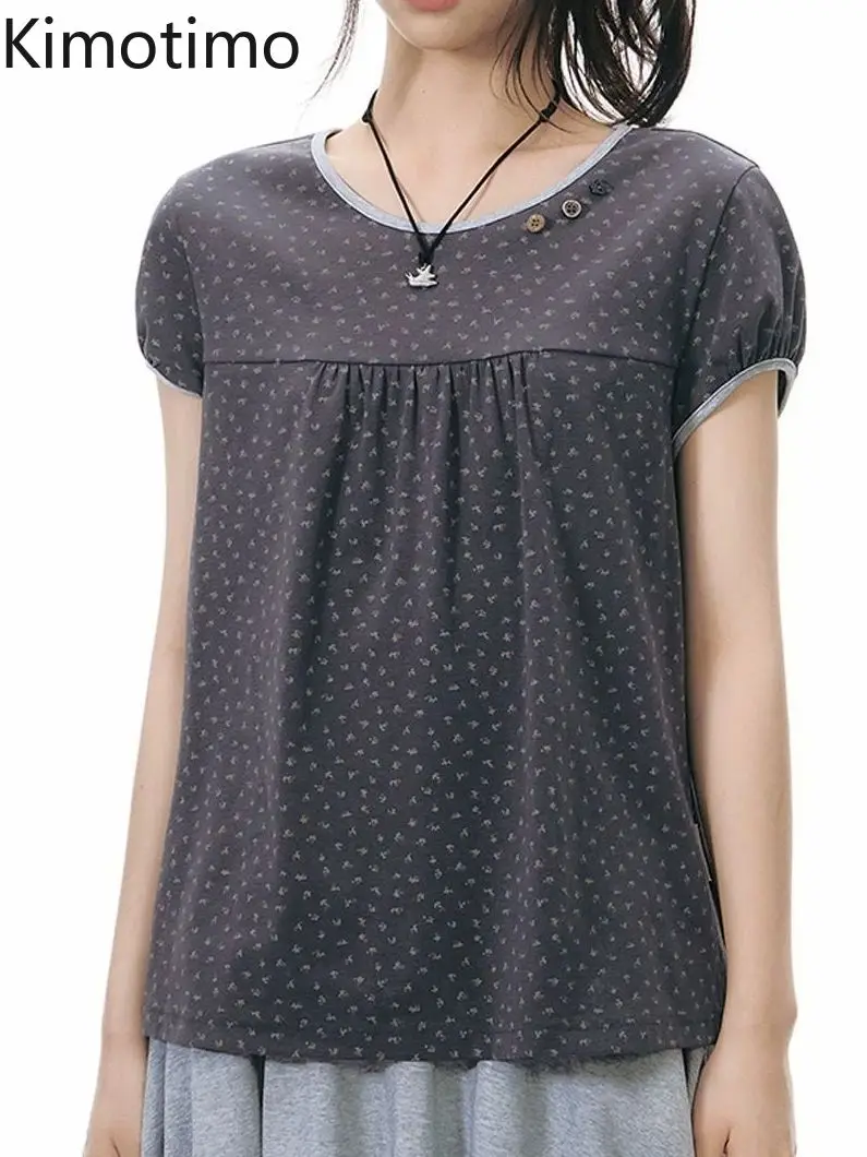Kimotimo Japanese Y2k Aesthetic Floral Print Short Sleeve T-shirt Women Contrast Color Crew Neck Loose Tops Vintage Casual Tees