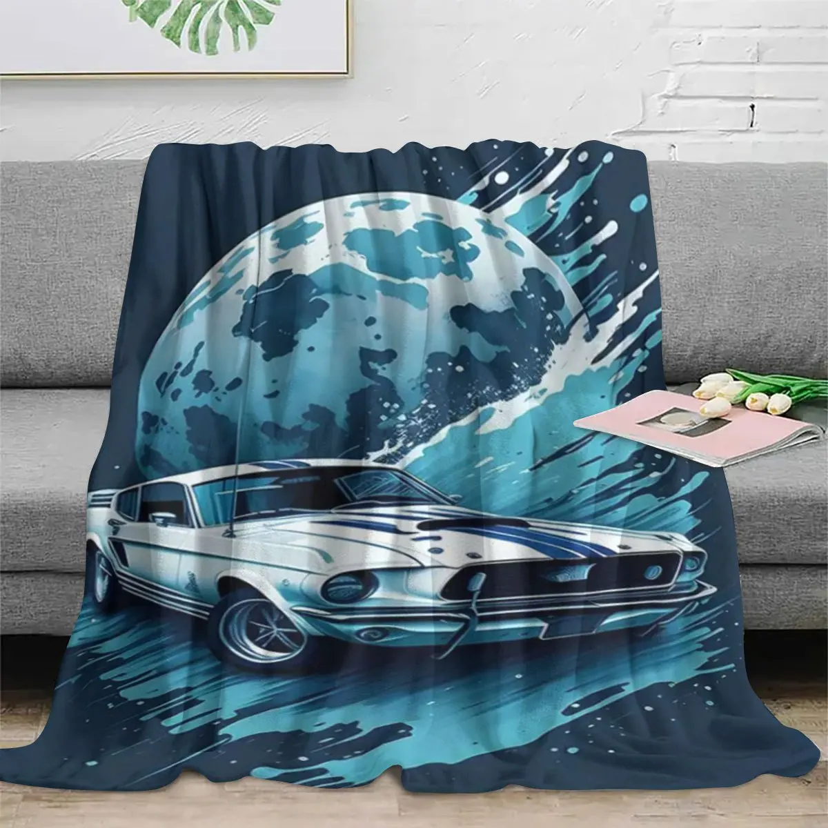 Retro Muscle Car Mustang Throw Blanket Blue Moon Artistic Pop Culture Decor Cozy Gift for Home Apartment Bedroom
