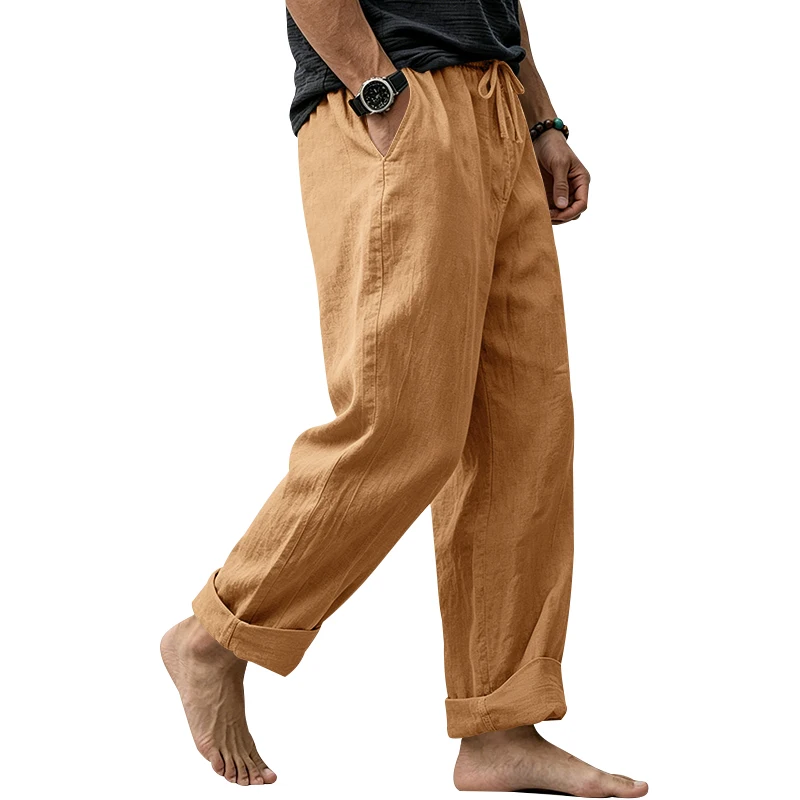 Sommerliche Herren-Leinenhose, Lässige Hawaiian-Hose mit Elastischem Kordelzug, Atmungsaktive Gerade Lange Hose mit Taschen für Alltag und Zuhause – Detail 40