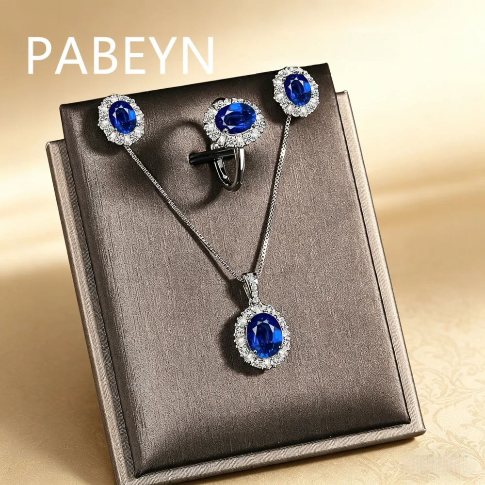 925 Sterling Silver Fashion Classic Blue Oval Zircon Ring Earrings Pendant Necklace Set Birthday Party Anniversary Gift