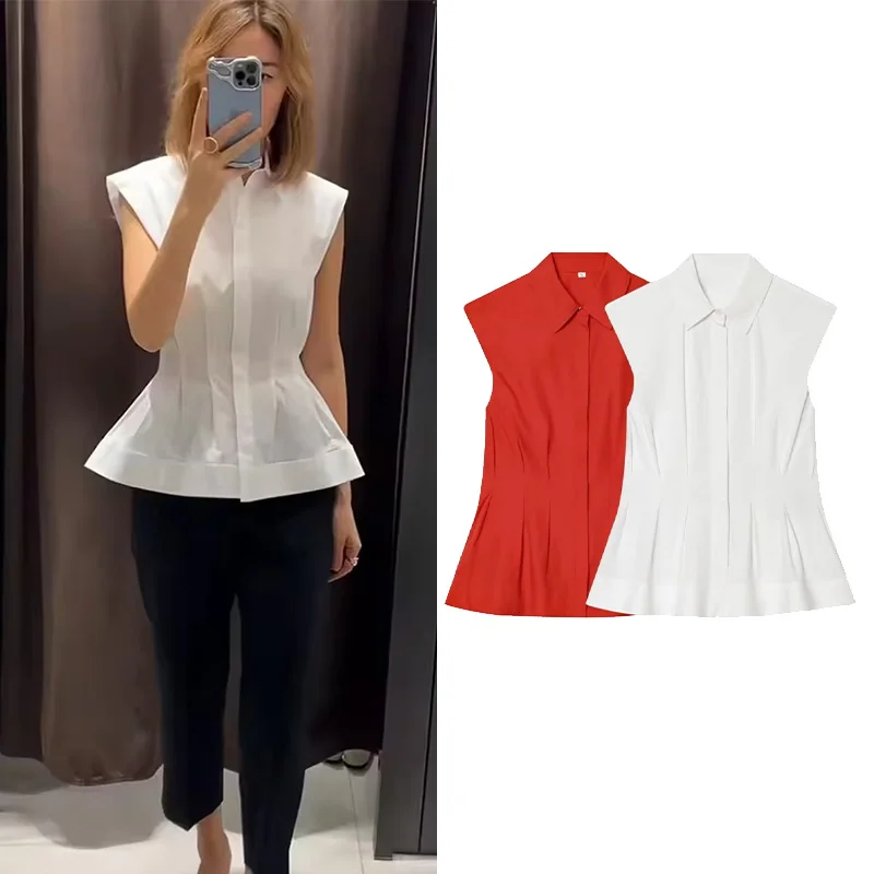 Women's Pleated Shirt New 2026 Spring Summer Vintage Lapel Collar Sleeveless Women Shirts & Blouses Simple Flared Hem Lady Tops