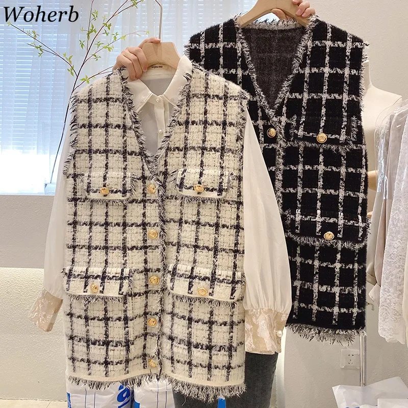 Korean Women Knitted Vest Sleeveless Korean Autumn Winter Tanks Camis Loose Plaid Tassel Coat Vests Vintage Streetwear Waistcoat