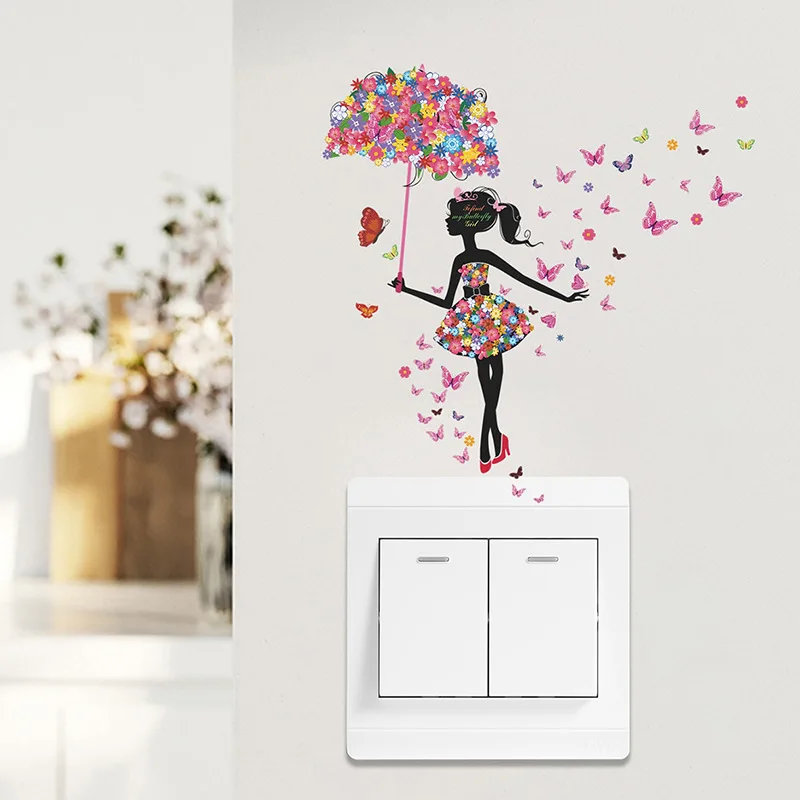 1PC Butterfly Girl Umbrella Dancing Sticker Decoration Living Room Entrance Wall Sticker Waterproof Self Adhesive