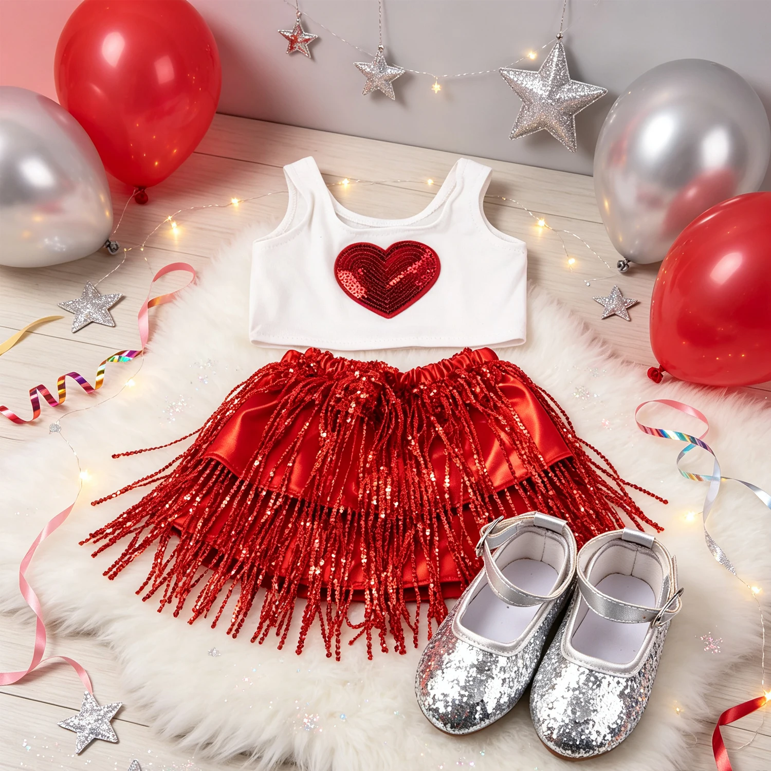 18 Inch American Doll Dance Party Outfit Heart Sequin Top Red Tassel Skirt Silver Glitter Shoes Fit OG Girl Doll Stage Costume