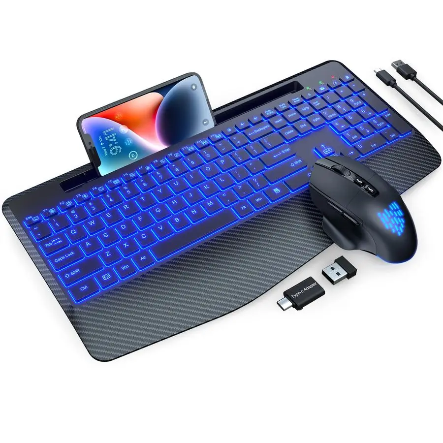 

Keyboard and Mouse Backlits, Wrist Rest, LED Mouse, Rechargeable Ergonomic Keyboard with Phone Holder, Silent Light Up Combo for