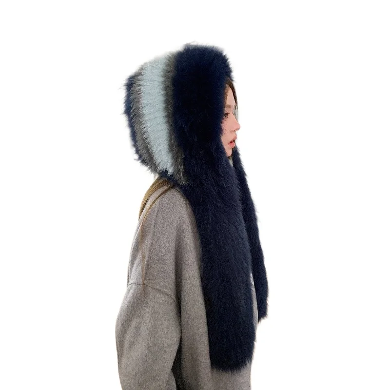 

Шапка-шарф из натурального меха лисы для женщин, теплая зимняя, для путешествий, цвет: прусский синий