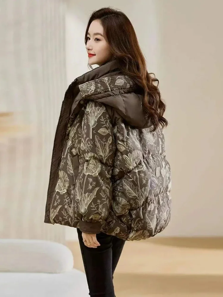 Winter Womens Jacket Clothing 2025 New Down Cotton Coat Hooded Loose Parkas Long Print Padded Coats Female Thicken Outerwear