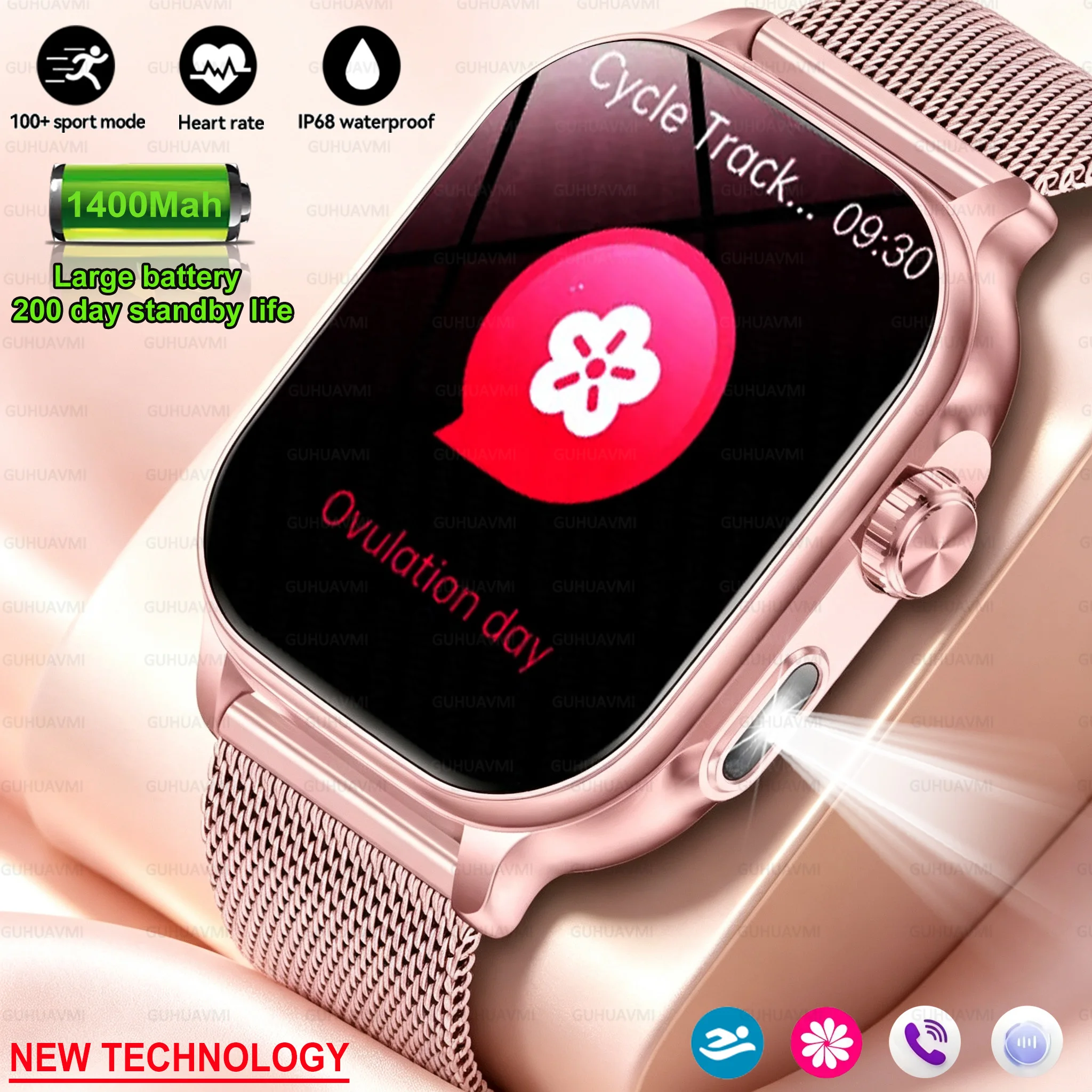 2026New Smart Watch Women IP68Waterproof 1400mAh Large Battery LED Flashlight Heart Rate 100+Sports Modes Fitness SmartWatch Men