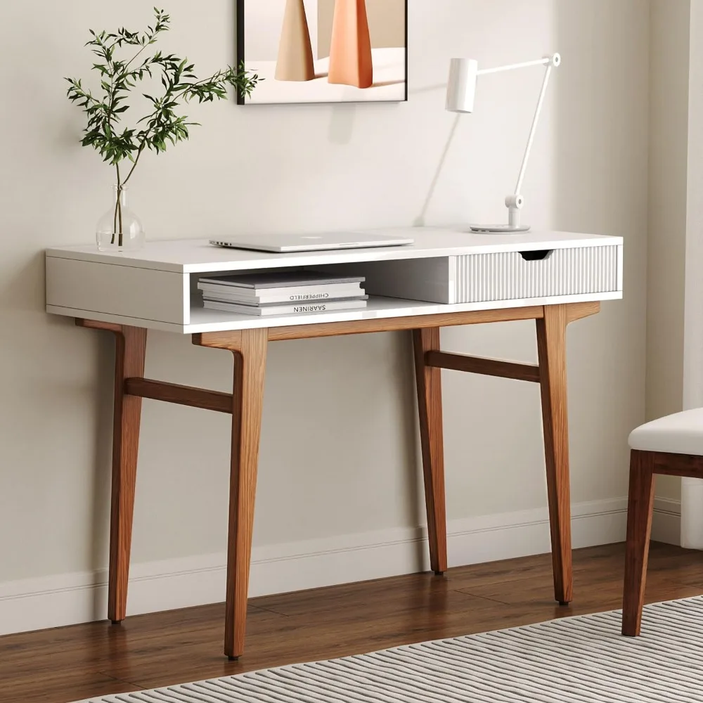 

45 Inch Computer Desk with Drawers, Open Storage, Minimalist Small Solid Wood Mid-Century Modern Office Writing Desk