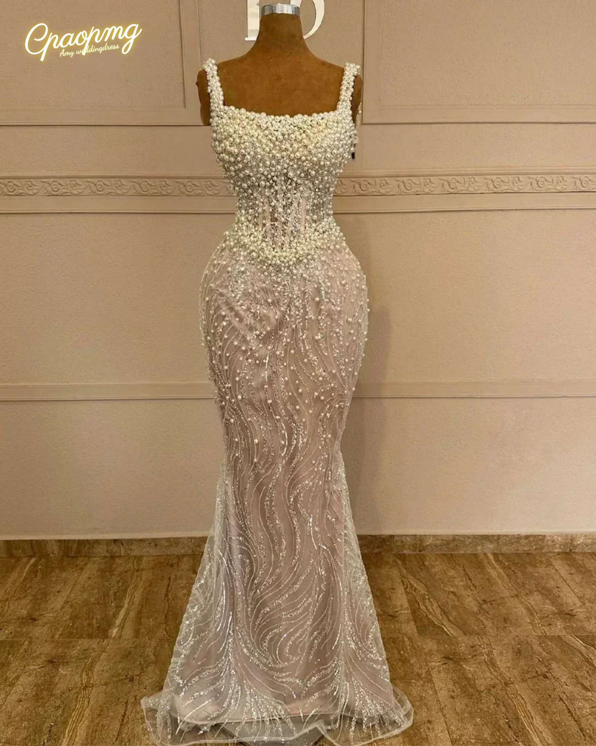 Vestidos de baile personalizados de alta qualidade, formal, coluna simples, miçangas, pérola, gola redonda, vestidos longos, vestido de festa de casamento