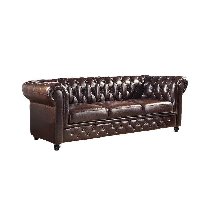 

American, leather, sofa, retro, pull button, solid wood, villa, furniture