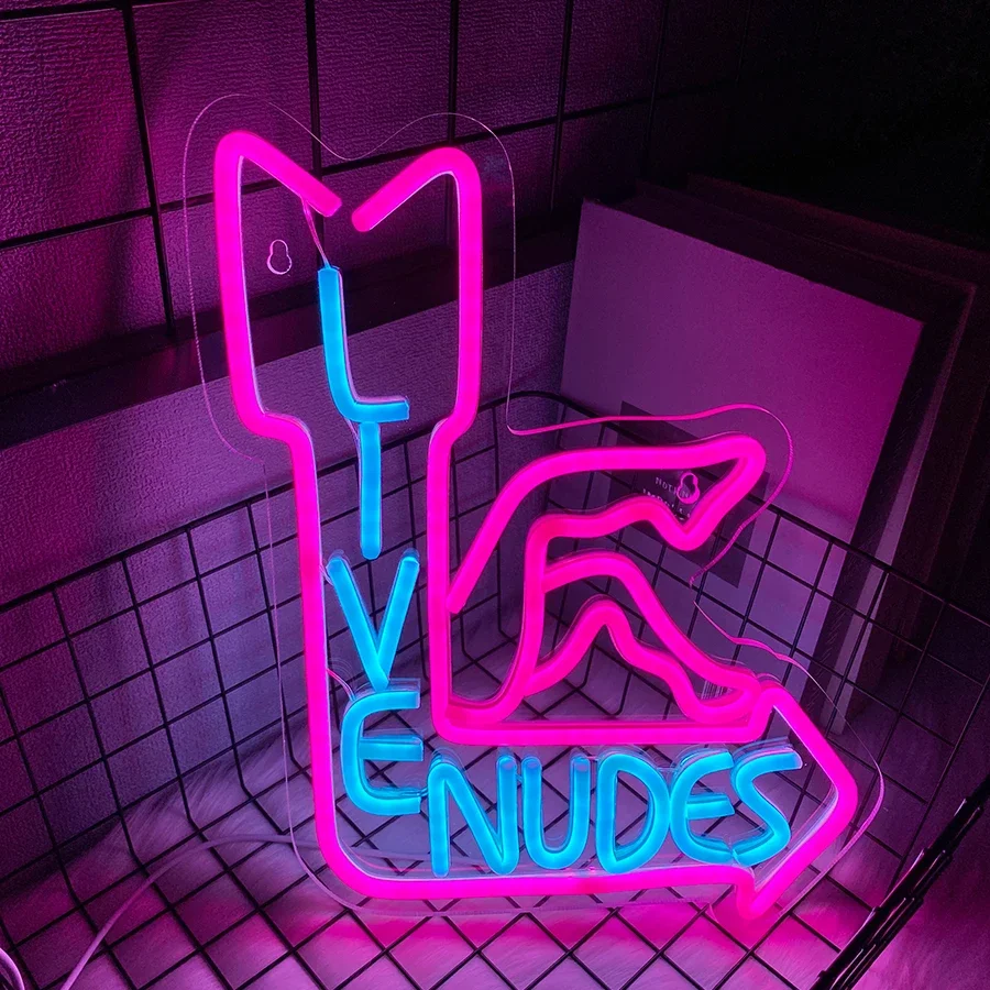 Used For Men'S Caves, Beer Bars, Hotel Decor，Cool Led Logo Pink Blue Night Light Usb Power Supply, Live Nudes Neon Sign.