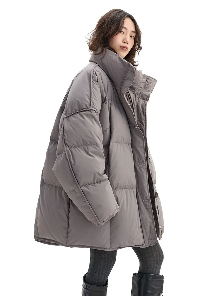 Women's Mid-Length Oversized down Jacket with Stand Collar, Warm Oversized Jacket Filled with White Duck Down, New Winter 2025 Model