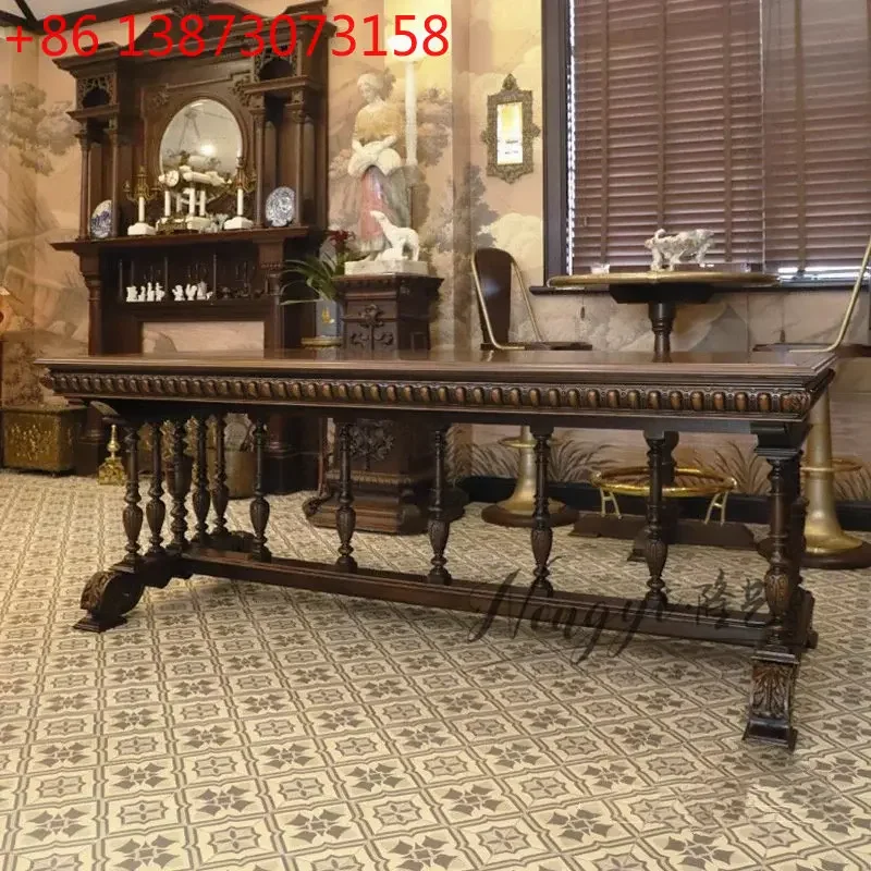 

American luxury restaurant solid wood dining table French retro old dining table villa rectangular carved dining table and chair