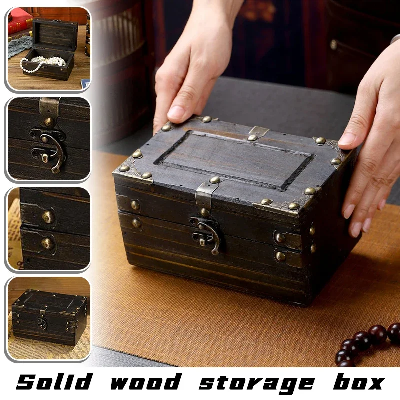 Cofre del Tesoro pirata madera Vintage, pequeña caja joyería Color antiguo con cerraduras, decoración recuerdo de fi
