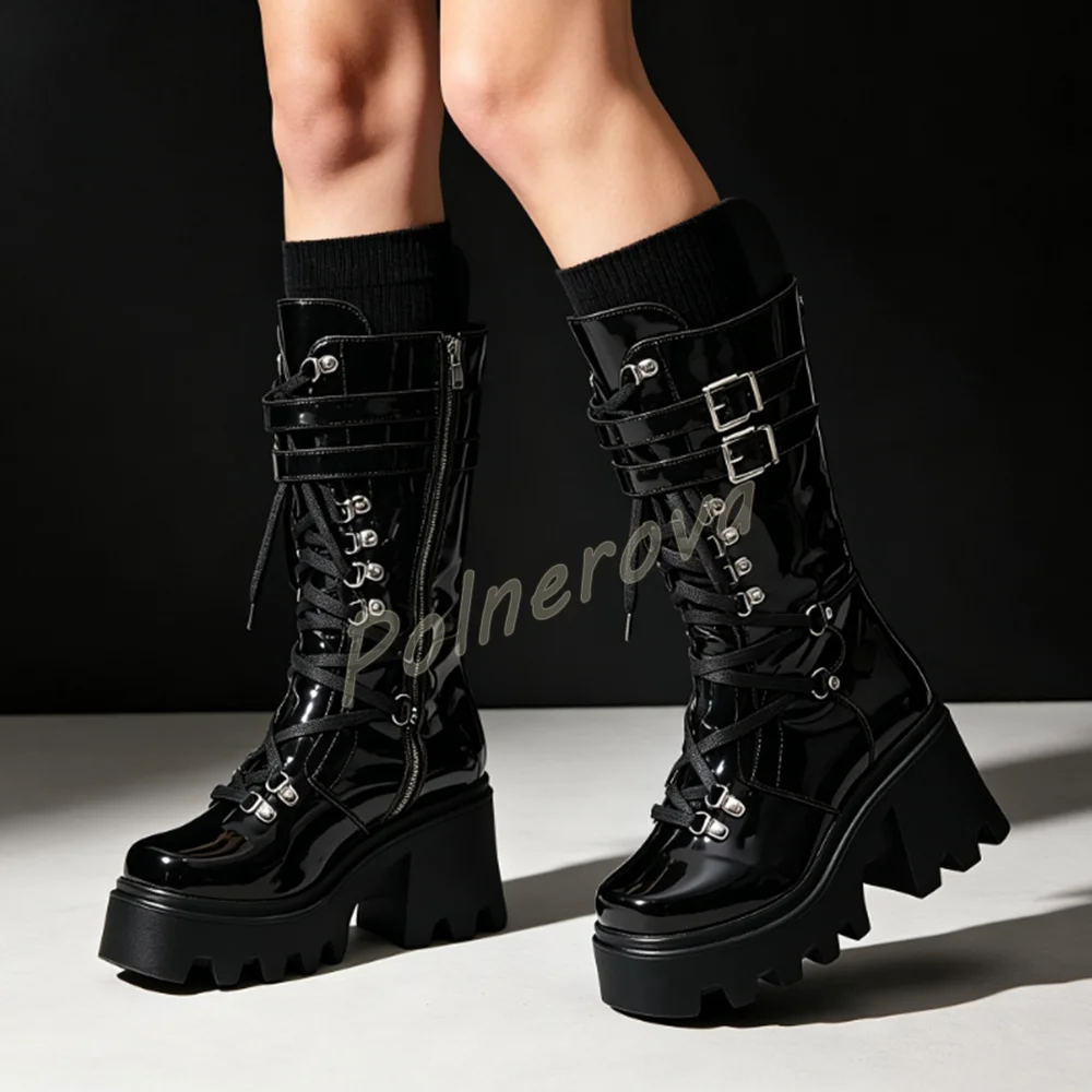 Gothic Platform Mid Calf Boots Patent Leather Buckle Strap Lace Up Punk Chunky High Heel Shoes Side Zipper Combat Women Boots