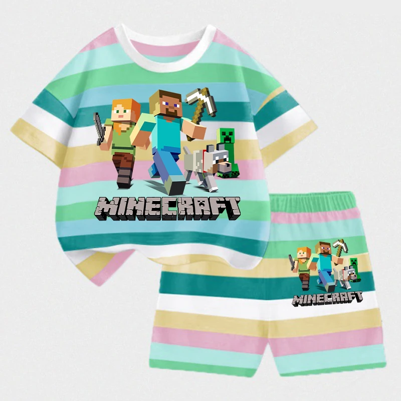 

Game Theme Male Stripes Short-sleeved Shorts Set Minecrafted Print Man Round Neck Tops and Bottoms Set Fashion Tops Tees Clothes