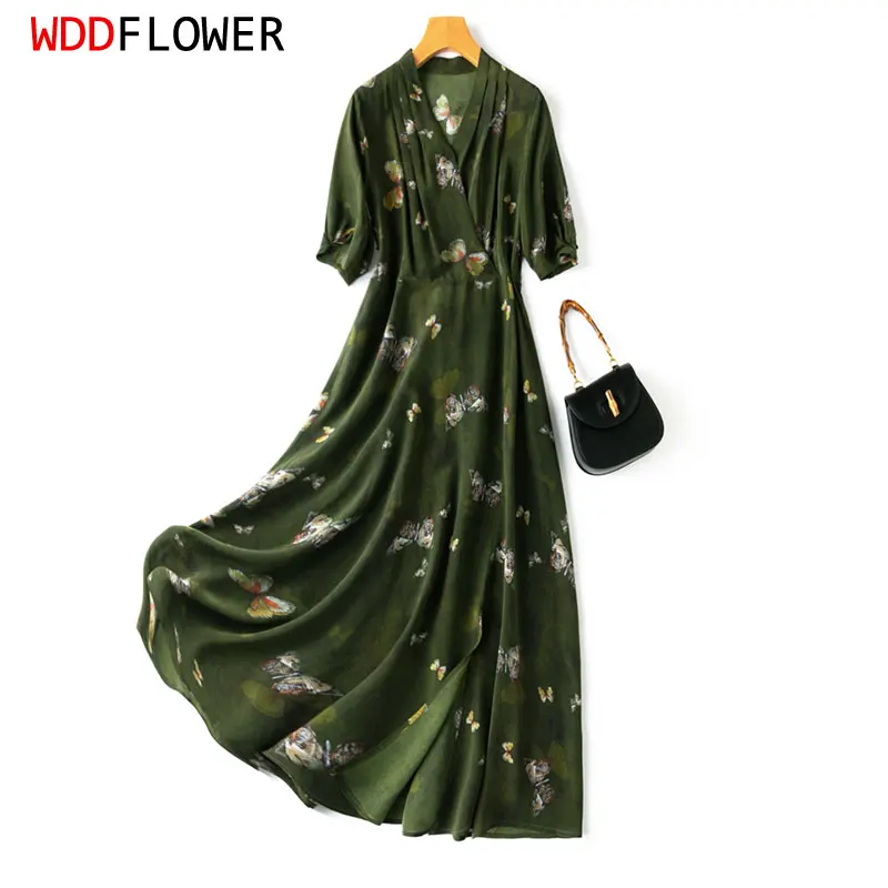 Vestido largo de seda con cinturón para mujer, vestido largo con estampado de mariposa verde, dobladillo grande, Talla M, L, XL, MM740, 100%