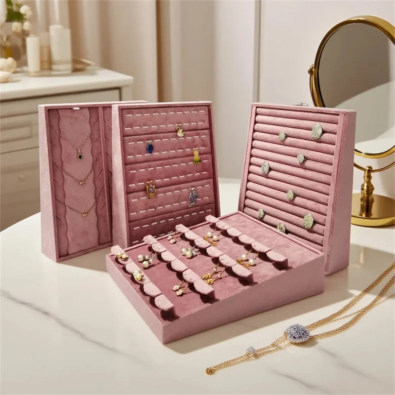 Pink Velvet Vertical Jewelry Display Stand Earring Necklace Ring Storage Box Pendant Slope Display Case for Accessories