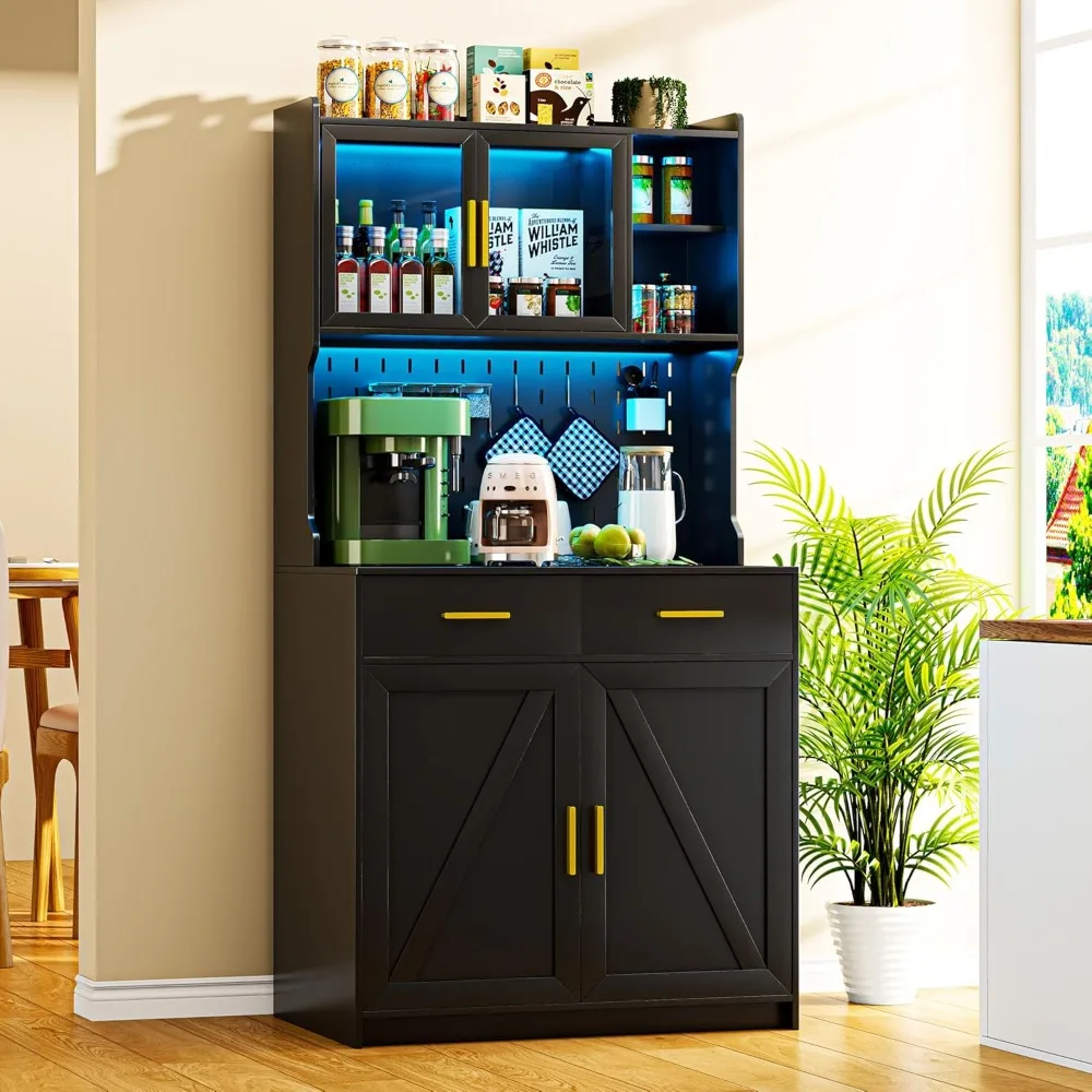 

64" Farmhouse Kitchen Pantry with Auto Sensor LED,Storage Cabinets with 2 Outlets for Microwave & USB-C Ports,Hutch Cabinet