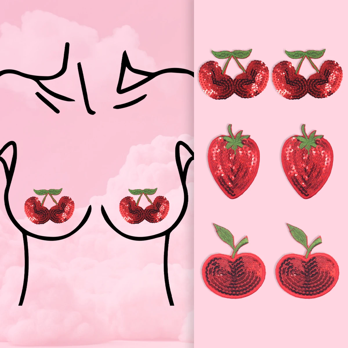 

Hot Sexy Diamond Nipple Cover For Women Reusable Decorative Sequins Silicone Pasties New Fashion Cherry Fruit Shaped Chest Patch