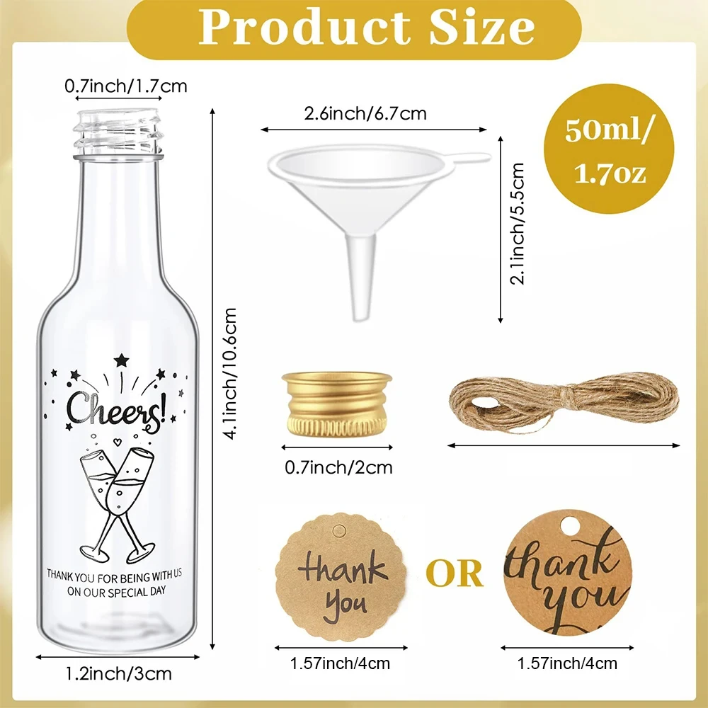 50 stks/set 1.7 oz/50 ml Mini Wijnflessen met Gouden Schroefdoppen Trechters voor Wijn Sap Alcohol Zelfgemaakte drank Bruiloft Gunsten