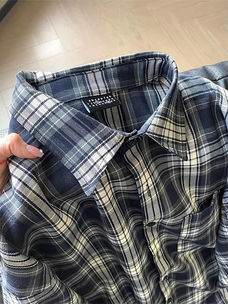 

Blue Plaid Long Sve Men's irt Retro Japanese Sle Sun Protection Loose Fit Youth Trend Polyester Fiber Spring Outerwear