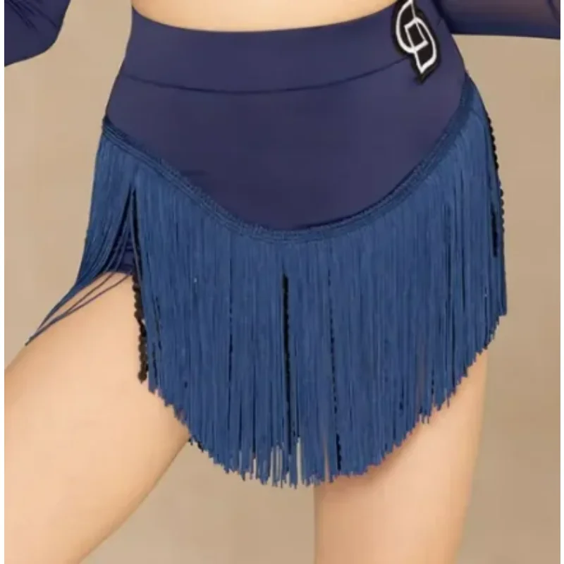 Children Latin Dance Dress Blue Long Sleeve Samba Line Dance Costume Cha Cha Practice Dancing Clothes Tassel Skirt Set for Girl