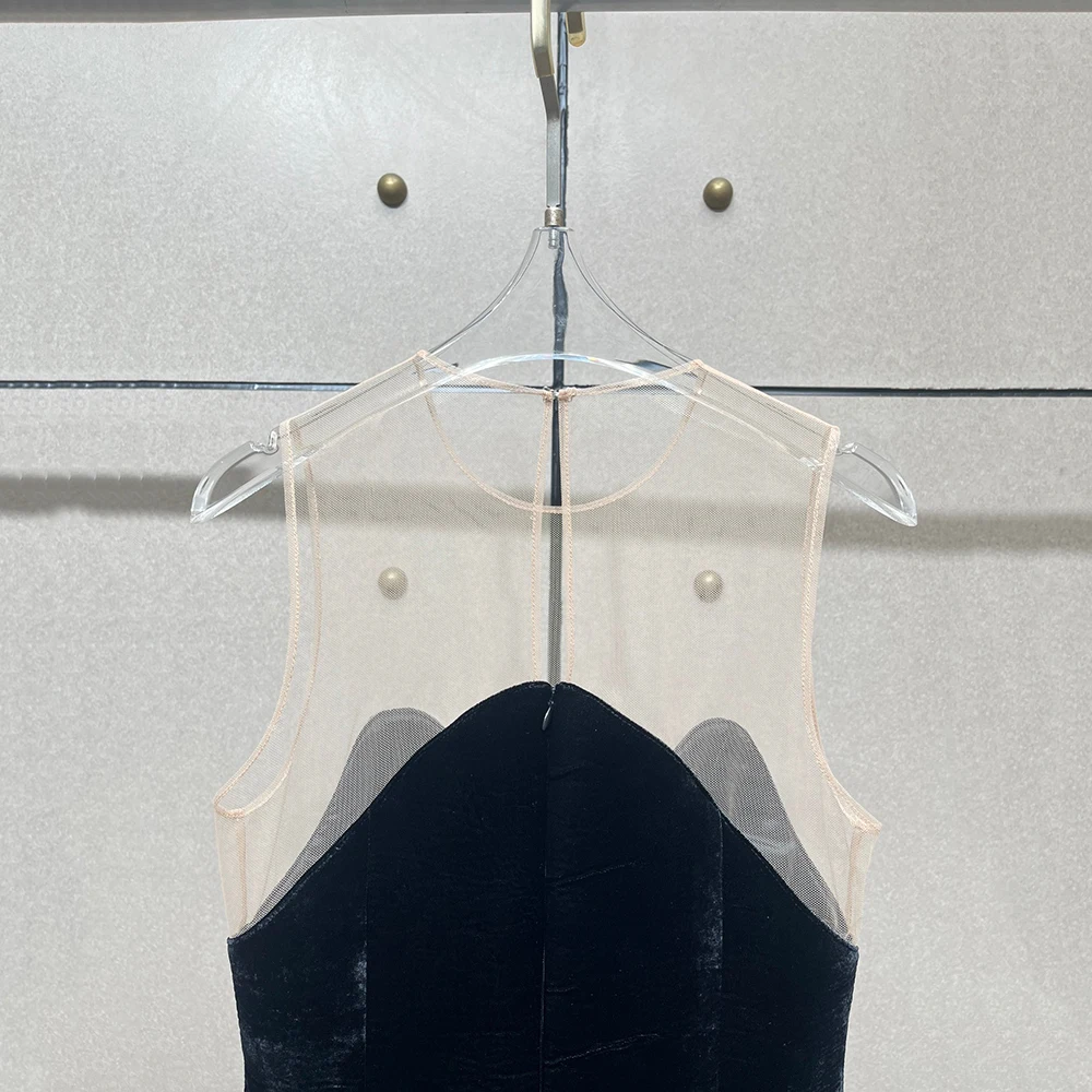 메쉬 벨벳 패치워크 여성 드레스 Y2K 섹시한 시스루 우아함 라운드 넥 민소매 드레스 2025 가을/겨울 신상품