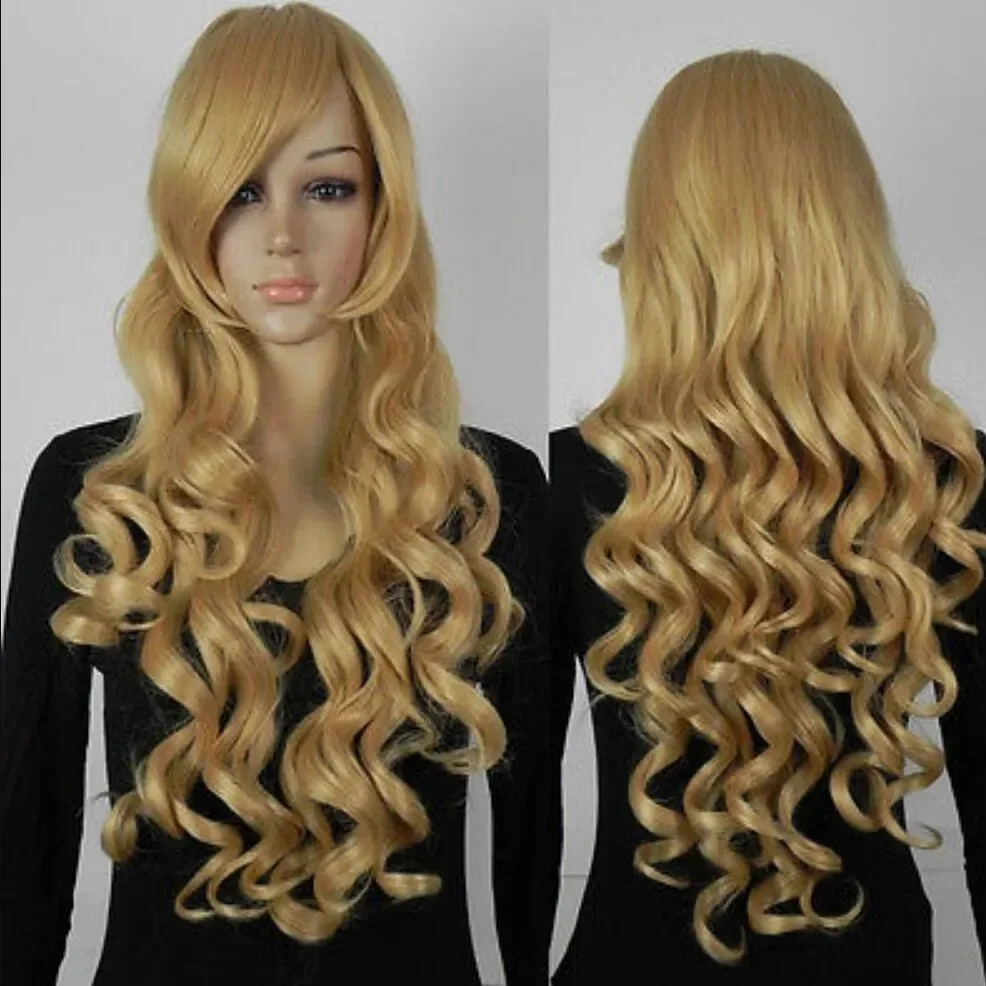 Fashion Long Yellow Wavy Fancy Dress Party Hair Full Cosplay Anime Wig