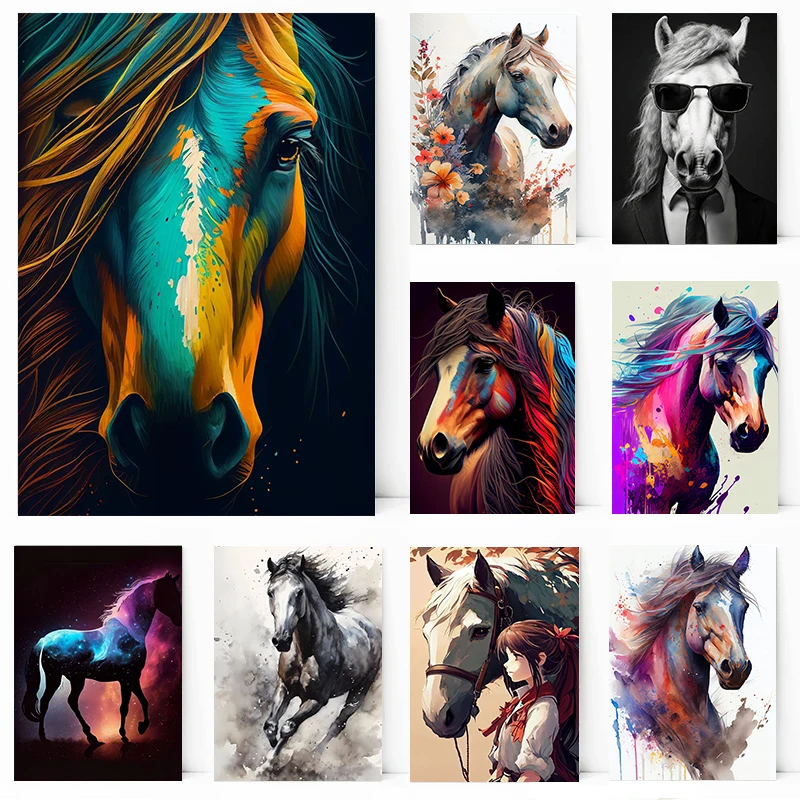 Watercolor/Anime Various Styles of Cool Horse Poster Canvas Printing Wall Art Picture Home Decor Gift for People Who Like Horses