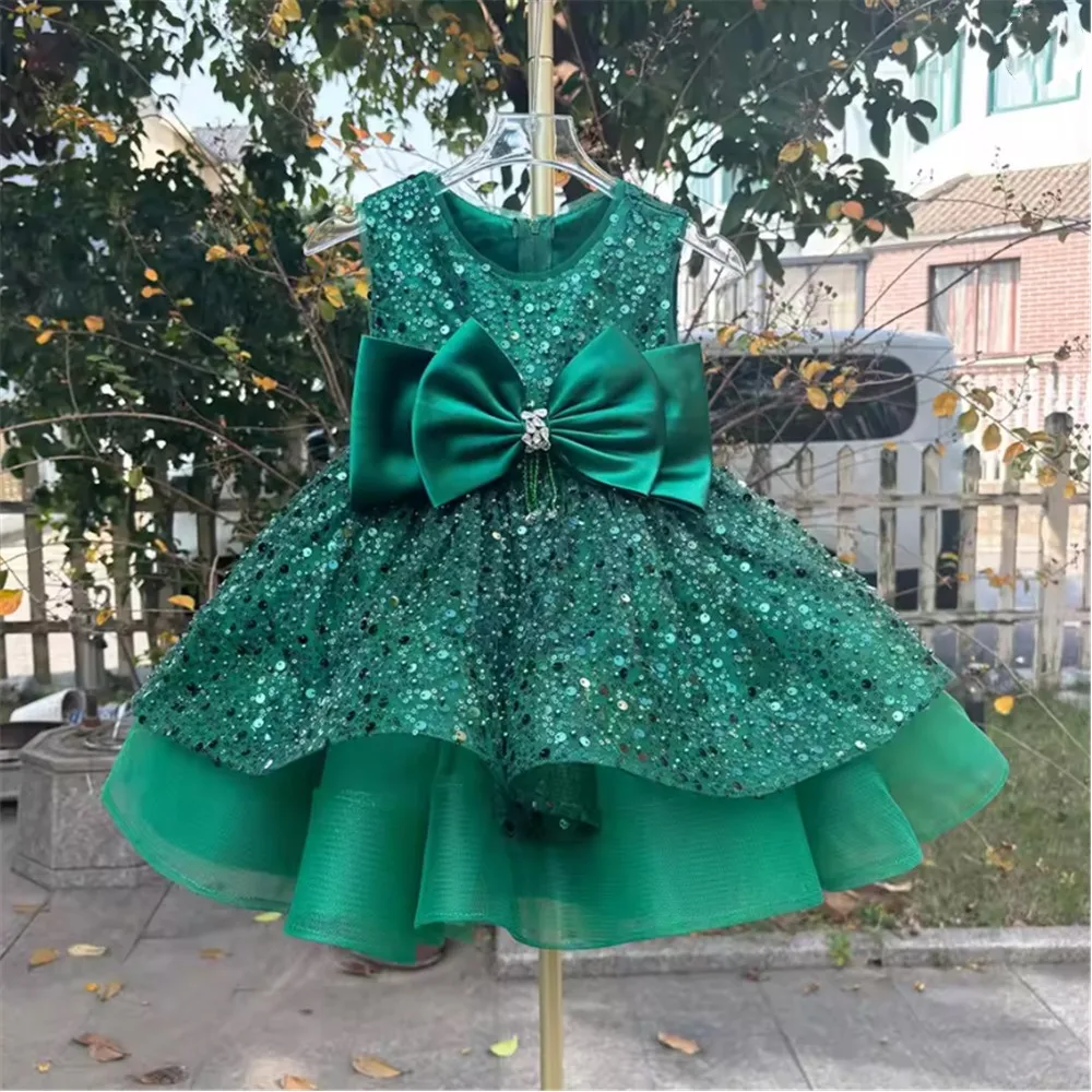 

Dreamy Luxury Baby Flower Girl Wedding Dress Sleeveless with Bow Sequined Kids Princess Birthday Party Dress Communion Ball Gown