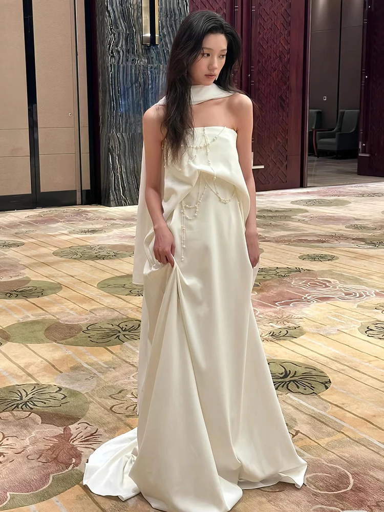 

Ele Satin Wedding Dr Morning Robe for Women Bride-to-be Engagement Guest Arrival Long Gown with Pearl Detail Korean Sle