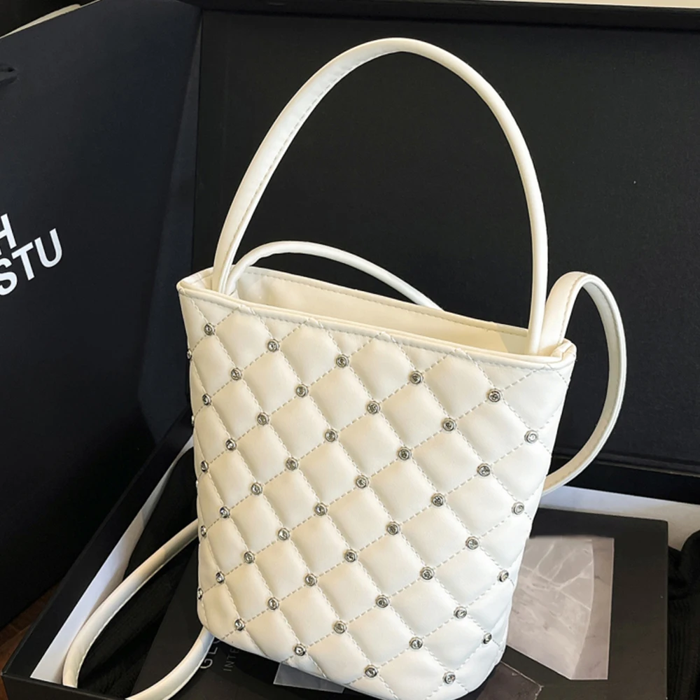 

Women Summer Fashion Bucket Bag Solid Pu Leather Plaid Print Patch Shiny Diamonds Handbags Large Capacity Leisure Crossbody Pack