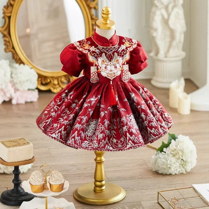 2025 Chinese Style Red Dress Baby Girl 1st Birthday Tang Zhuazhou Princess Gown First Year Party Celebration Baptism