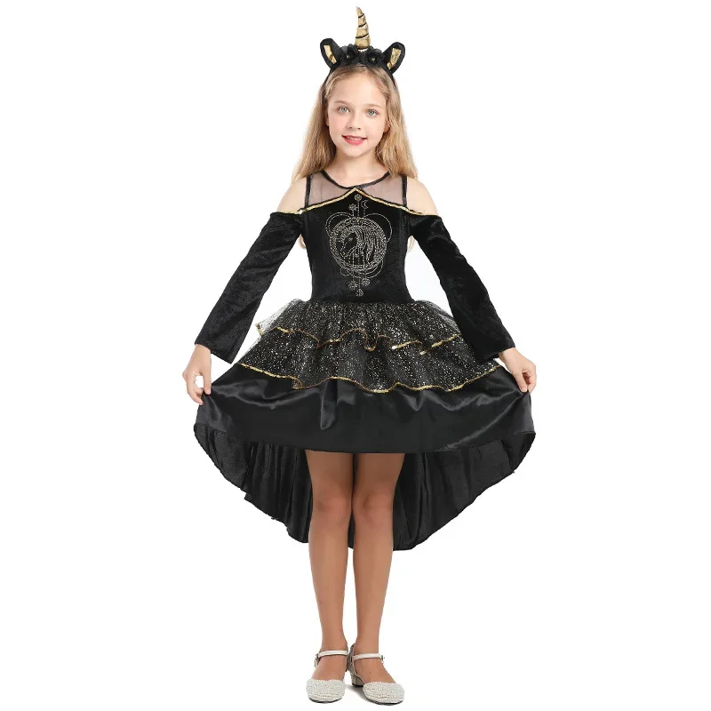 Children Girls Unicorn Black Tutu Mesh Gothic Long Sleeves Dress Halloween Cosplay Costumes Outfit