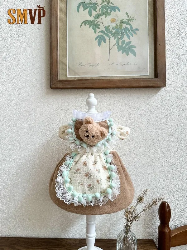 Cute Bear Decor Pet Dress Autumn Winter Fleece Bottoming Outfit Floral Lace Dress Sweet Warm Lovely Soft for Small Dogs Cats