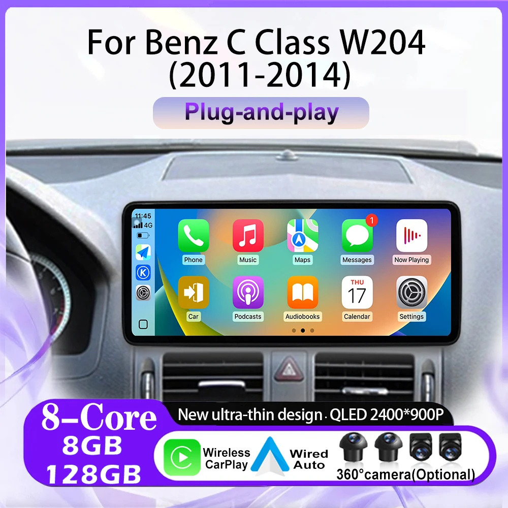 

12,3-дюймовый Android 16 мультимедийный проигрыватель с беспроводным CarPlay, Wi-Fi, GPS-навигацией и поддержкой видео для Mercedes-Benz C-класса W204 2011-2014 годов