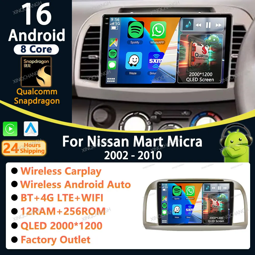 Android 16 Car Radio Carplay Auto For Nissan March Micra K12 2002 - 2010 BT 4G WIFI Casing Frame Multimedia Stereo Video Player